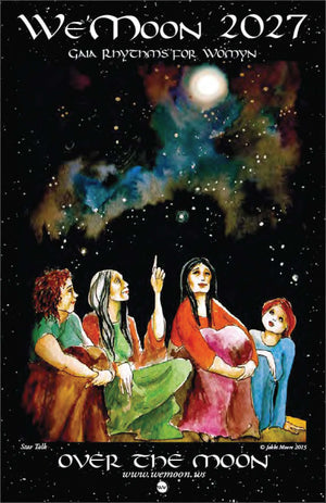 A beautiful poster featuring art by jakki moore women gazing at the moon
