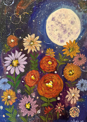 Note card with artful Painting of flowers under a full moon with a starry night sky.