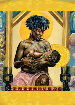 A painted artwork showing a Black mother holding a baby, with gold halos behind them,