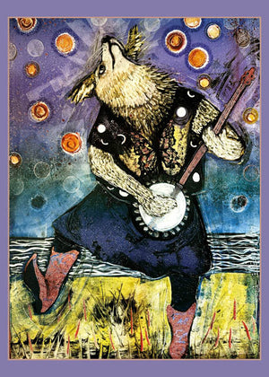 Artistic card of a coyote playing a banjo for a joyful greeting note