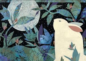 Artistic blank greeting card with art of a rabbit looking at a moonlit night sky with stylized plants.