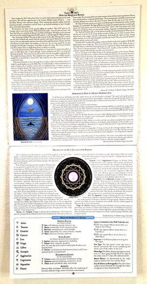 Astrological moon phase calendar with informational articles about the year ahead