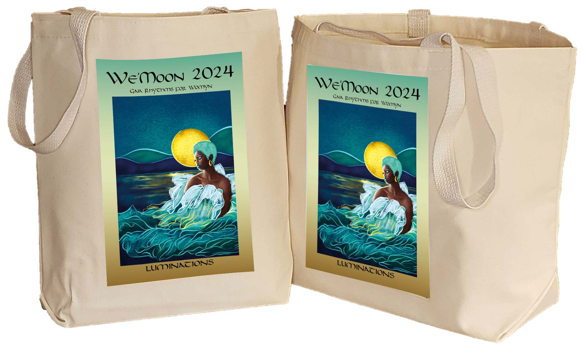 small and large cotton grocery totebags with art