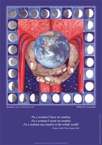 The art, symbolizing a Cosmic-Mother version of red, white and blue, "Matriotism" is a lunar prayer flag of peace.